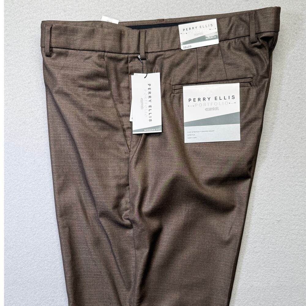 Perry Ellis Portfolio Men's Modern-Fit Dress Pant Tonal Grid Brown 38x29 $95